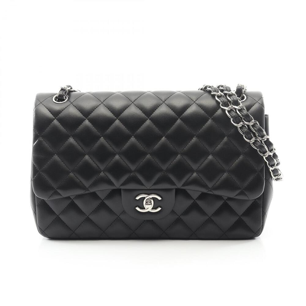 Chanel Matelasse Double Flap Shoulder Bag Lambskin Sheepskin Black